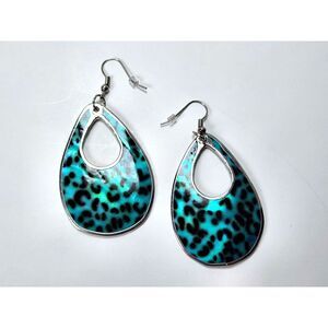 Teardrop Mother of Pearl Earrings Blue Leopard Print Dangle Hook 2.25” Boho Chic